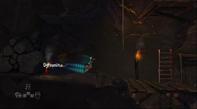 Once again take the water bucket and grab another stick of dynamite thrown by the miner - The Mine - The Cave (generally accessible locations) - The Cave - Game Guide and Walkthrough
