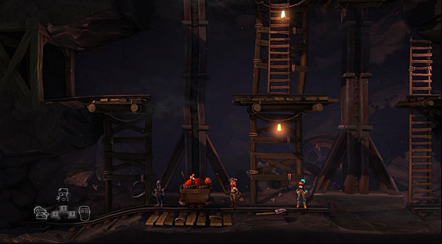 Afterwards get onto the platform on the left which went up before so that it falls down and push the car onto it - The Mine - The Cave (generally accessible locations) - The Cave - Game Guide and Walkthrough
