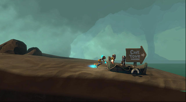 Jump into the boat with two characters, push it to the water and jump inside as well - The Island - The Cave (generally accessible locations) - The Cave - Game Guide and Walkthrough