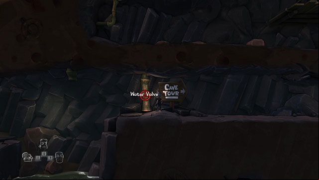 Go down and turn the Water Valve to make the part of the corridor on the left to be filled with water - The Island - The Cave (generally accessible locations) - The Cave - Game Guide and Walkthrough