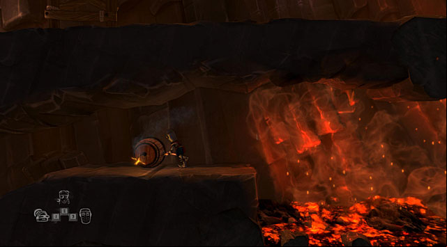 Roll the third barrel to the edge of the pit ( to stand on its right side) with hot fumes and quickly roll it to the left when the fuse is lit - The Island - The Cave (generally accessible locations) - The Cave - Game Guide and Walkthrough