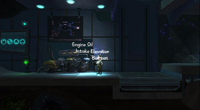 Move to the future with this character and pot the oil into the Engine Oil Intake to the right of the reception - The Time Traveller - Locations for specific characters - The Cave - Game Guide and Walkthrough