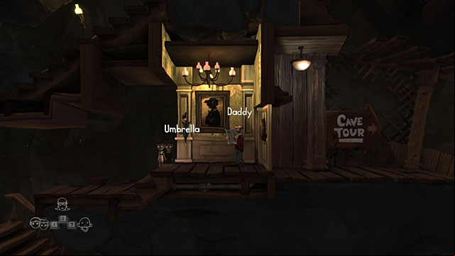 Jump between the platforms, enter the house and run to its right side where you will find a blocked age and Daddy who's reading a newspaper - Twins - Locations for specific characters - The Cave - Game Guide and Walkthrough