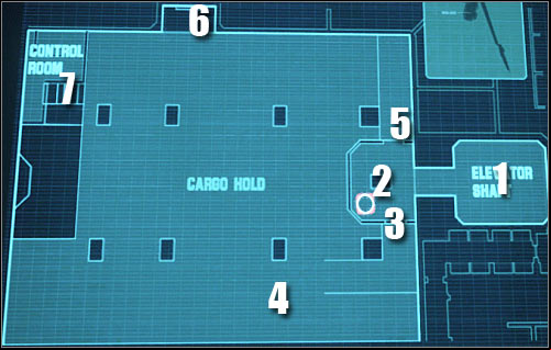 Map legend: 1 - elevator shaft - Assault on Dark Athena - Cargo Deck - part 2 - Assault on Dark Athena - The Chronicles of Riddick: Assault on Dark Athena - Game Guide and Walkthrough