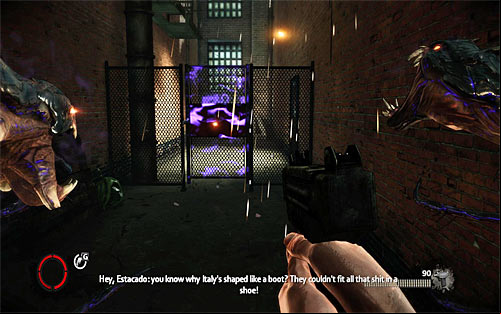 Head to the alley behind the damaged van, destroying nearby light source and then pulling out the gate (Q and then rhythmically E) - Q and A - p. 1 - Walkthrough - The Darkness II - Game Guide and Walkthrough