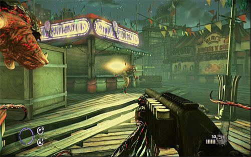 Keep walking through the carnival, turning right and heading to the place, where you found relict - Fun and Games - p. 1 - Walkthrough - The Darkness II - Game Guide and Walkthrough