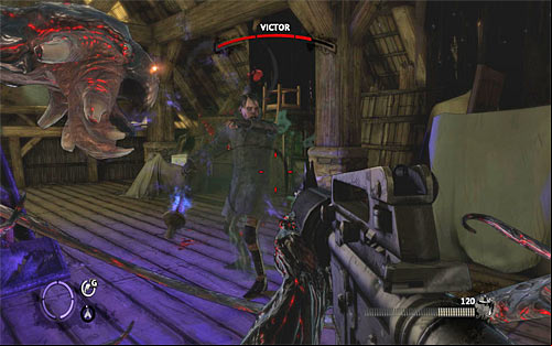 Using the firearms is not the only option, because from time to time Victor appears near Jackie, and in such situation you may use the right tentacle - Last Stand - Walkthrough - The Darkness II - Game Guide and Walkthrough