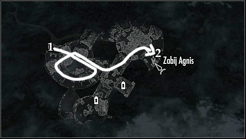 Markings on the map: 1 - Start place; 2 -Agnis quarters - Side Contract: Kill Agnis - The Dark Brotherhood quests - The Elder Scrolls V: Skyrim Game Guide