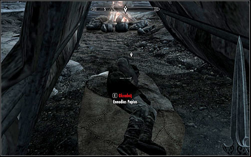 Crouch and start sneaking towards the tent, where Ennodius sleeps - Side Contract: Kill Ennodius Papius - The Dark Brotherhood quests - The Elder Scrolls V: Skyrim Game Guide