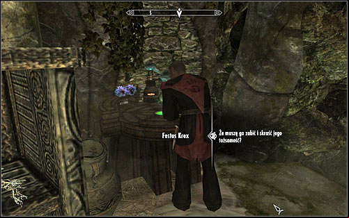Look for Festus Krex in the Dark Brotherhoods Sanctuary and start a conversation with him, to ask about details of a new contract (screen above) - Recipe for Disaster - The Dark Brotherhood quests - The Elder Scrolls V: Skyrim Game Guide
