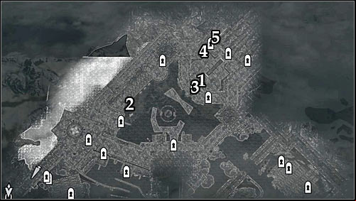 Markings on the map: 1 - Young couple (place of rest and a balcony located directly above it); 2 - Stairs leading to the castle walls; 3 - Interactive gargoyle; 4 - age leading to the balcony with Gabriellas presents; 5 - Suggested place for using the bow - Bound Until Death - The Dark Brotherhood quests - The Elder Scrolls V: Skyrim Game Guide