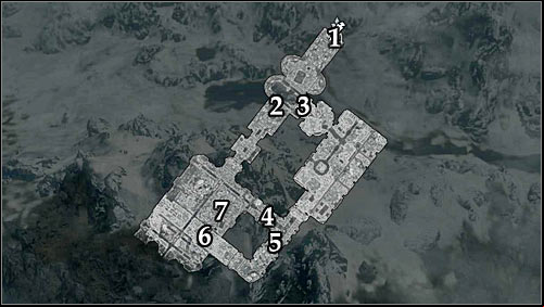 Markings on the map: 1 - Ruins entrance; 2 - Shorter way; 3 - Longer way; 4 - Corridor leading to Alains hideout; 5 - Closed gate; 6 - Ballista; 7 - Alain Dufont - Mourning Never Comes - p. 1 - The Dark Brotherhood quests - The Elder Scrolls V: Skyrim Game Guide