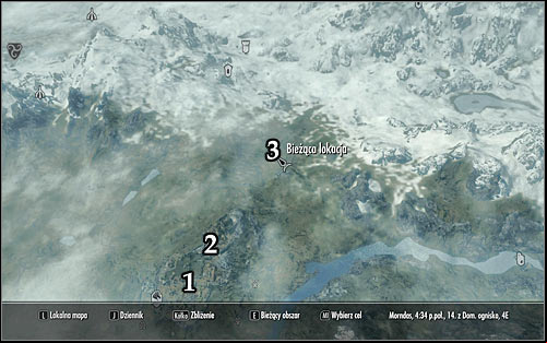 Markings on the map: 1 - Whiterun; 2 - Dragonsreach; 3 - Meeting point with Cicero - Delayed Burial - The Dark Brotherhood quests - The Elder Scrolls V: Skyrim Game Guide