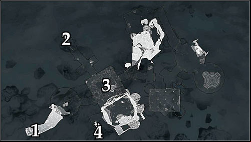 Symbols on the map: 1 - Starting point (College of Winterhold main square); 2 - Starting point (Hall of Countenance); 3 - Main room; 4 - Door leading to the Midden Dark. - Good Intentions - College of Winterhold quests - The Elder Scrolls V: Skyrim Game Guide
