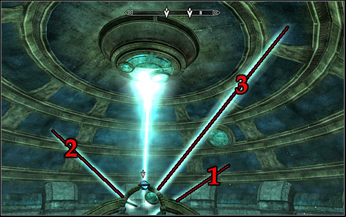 You main objective in this part of the puzzle is using magic until the lens are in such a position that each of the reflected light beams points at a different part of the multi-story ceiling - Revealing the Unseen - p. 3 - College of Winterhold quests - The Elder Scrolls V: Skyrim Game Guide