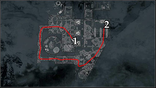 Markings on the map: Red line - suggested route; 1 - starting point; 2 - Portal (destination point). - A Night to - p. 2 - Daedric quests - The Elder Scrolls V: Skyrim Game Guide