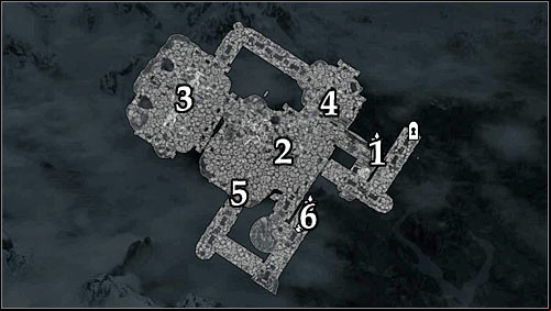 Markings on the map: 1 - Starting point; 2 - Stairs; 3 - Dining room; 4 - Lever; 5 - age unblocked by pulling the lever; 6 - Door leading onto the roof of the Dead Crone. - Pieces of the Past - p. 2 - Daedric quests - The Elder Scrolls V: Skyrim Game Guide
