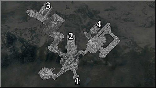 Markings on the map: 1 - Starting point (tomb entrance); 2 - Quest activation and age to the Elders Cairn; 3 - Ceremonial axe; 4 - Ceremonial sword. - Silenced Tongues | Side quests - Side quests - The Elder Scrolls V: Skyrim Game Guide
