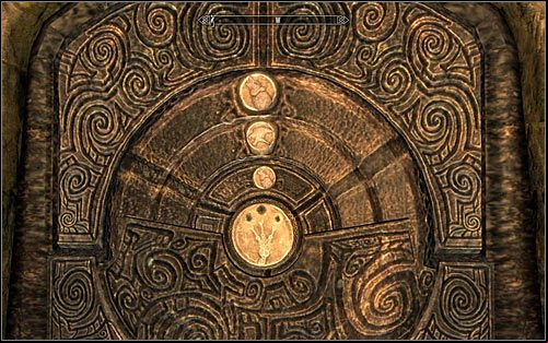 Approach the next locked gate, where you will have to solve a symbols puzzle - Tending the Flames - p. 2 | The Bards College quests - The Bards College quests - The Elder Scrolls V: Skyrim Game Guide