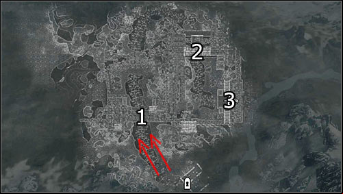 Labels on the map: Red arrows - direction of the enemy attack; 1 - the barricade, 2 - the drawbridge; 3 - Whiterun entrance - Battle for Whiterun | Imperial Legion Quests - Imperial Legion Quests - The Elder Scrolls V: Skyrim Game Guide