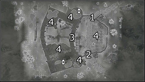 Labels on the map: 1 - north fort entrance; 2 - south fort entrance; 3 - the way into the west part of the fort; 4 - places from which enemy soldiers are usually coming from - Battle for Fort Dunstad | Imperial Legion Quests - Imperial Legion Quests - The Elder Scrolls V: Skyrim Game Guide