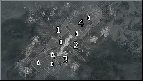 Labels on the map: 1 - northwest main entrance; 2 - southeast main entrance; 3 - small entrance (collapsed wall fragment); 4 - upper courtyard occupied mostly by archers - The Battle for Fort Greenwall | Imperial Legion Quests - Imperial Legion Quests - The Elder Scrolls V: Skyrim Game Guide