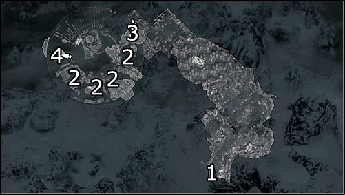 Labels on the map: 1 - starting point; 2 - cells with the Stormcloak soldiers; 3 - entrance to the roof; 4 - entrance to the main courtyard - Rescue from Neugrad - p.1 | Stormcloak Rebellion Quests - Stormcloak Rebellion Quests - The Elder Scrolls V: Skyrim Game Guide