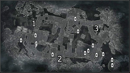 Labels on the map: 1 - main fort entrance; 2 - south fort entrance (hard to get to); 3 - northeast fort entrance (hard to get to) - The Battle for Fort Sungard | Stormcloak Rebellion Quests - Stormcloak Rebellion Quests - The Elder Scrolls V: Skyrim Game Guide