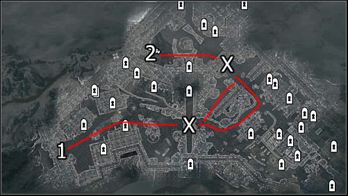 Labels on the map: red lines - available routes; 1 - starting point; 2 - Castle Dour entrance; X - barricades to break through - Battle for Solitude | Stormcloak Rebellion Quests - Stormcloak Rebellion Quests - The Elder Scrolls V: Skyrim Game Guide