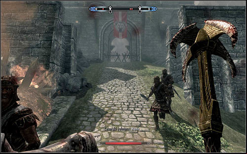 Turn northwest when you reach one the main streets of Solitude, and head toward the second barricace, set by the entrance to Castle Dour (the above screen) - Battle for Solitude | Stormcloak Rebellion Quests - Stormcloak Rebellion Quests - The Elder Scrolls V: Skyrim Game Guide