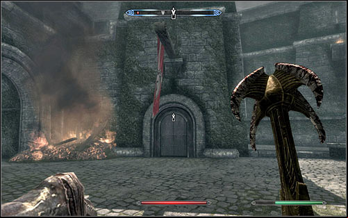 New Legionnaires are waiting in the castle courtyard, and you can take care of them or run to the north door (the above screen) leading inside Castle Dour right away - Battle for Solitude | Stormcloak Rebellion Quests - Stormcloak Rebellion Quests - The Elder Scrolls V: Skyrim Game Guide