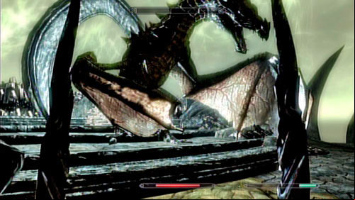 The fight will follow a patter - when Miraaks health falls down to a certain level (around 30%), he will teleport to an inaccessible point on the map and drain the soul of one of the nearby Dragons (therefore curing his wounds) - Defeat Miraak | Main story mode - At the Summit of Apocrypha - Main story mode - At the Summit of Apocrypha - The Elder Scrolls V: Skyrim - Dragonborn Game Guide