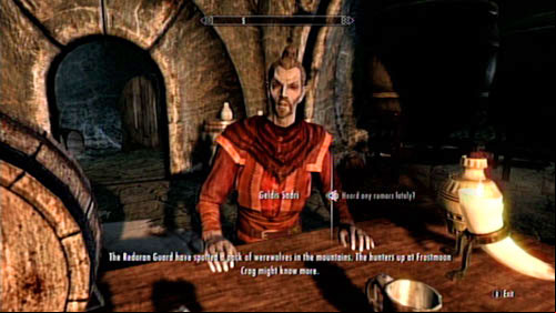 When you meet with Geldis Sadri at the Retching Netch in Raven Rock, ask him if he has heard any interesting gossip lately - Visit the hunters at Frostmoon Crag | Other missions - Other missions - The Elder Scrolls V: Skyrim - Dragonborn Game Guide