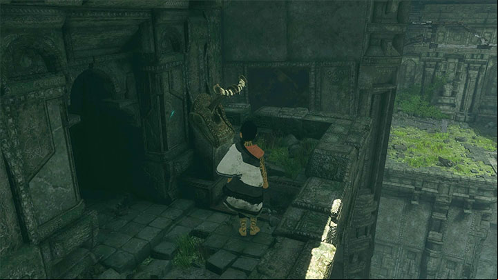 Follow the balconies up above to reach the lever (there also is a barrel on a nearby ledge) - Teach Trico to carry out commands | Walkthrough - Walkthrough - The Last Guardian Game Guide