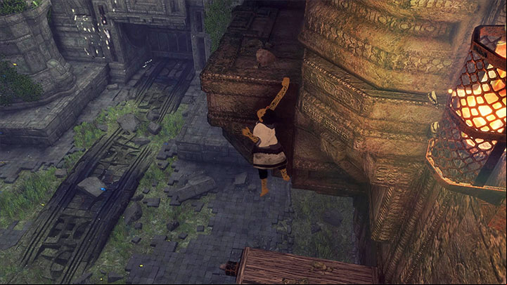 Using the lever lights up fire by one of the stone elements up above and Trico will react by leaping towards that spot - Solve the vat of blue liquid puzzle | Walkthrough - Walkthrough - The Last Guardian Game Guide