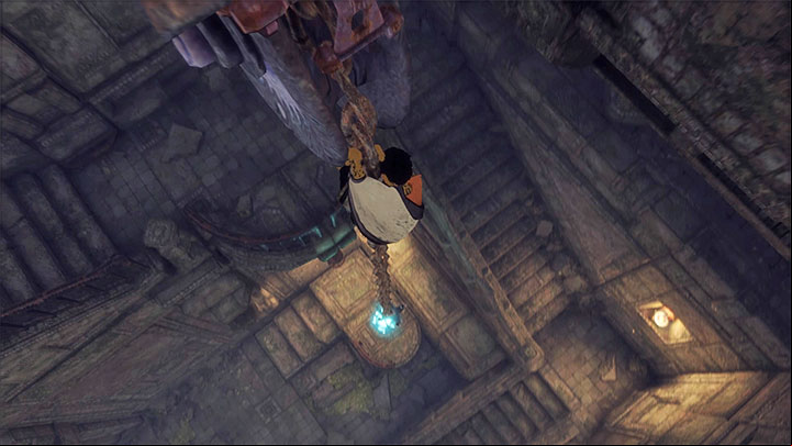 Climb down the chain with the vat attached to it - Solve the vat of blue liquid puzzle | Walkthrough - Walkthrough - The Last Guardian Game Guide