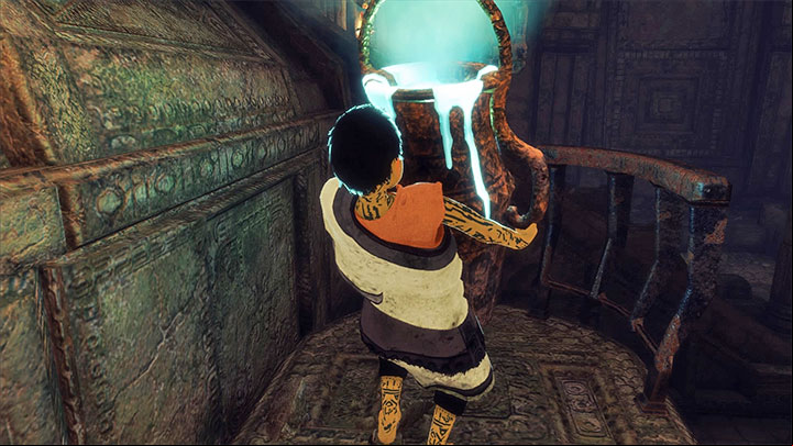 Unhook the vat and take it with you - Solve the vat of blue liquid puzzle | Walkthrough - Walkthrough - The Last Guardian Game Guide