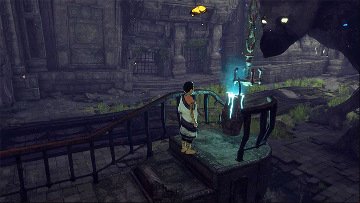 Find the vat, pick it up and take it towards the chain where you have started your exploration of the first chamber - Solve the vat of blue liquid puzzle | Walkthrough - Walkthrough - The Last Guardian Game Guide
