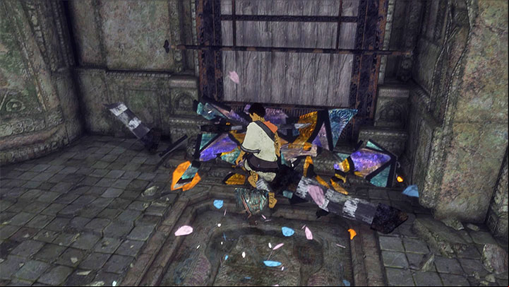 Smash both of the stained glass panes by throwing the item at them - Solve the vat of blue liquid puzzle | Walkthrough - Walkthrough - The Last Guardian Game Guide