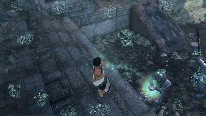 Tap buttons corresponding to the ones appearing on the screen - Solve the chain puzzle in the chamber with suits of armor | Walkthrough - Walkthrough - The Last Guardian Game Guide