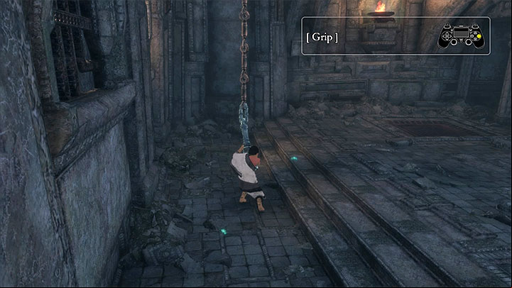 First, hold on to the chain and dash towards the wall - Solve the chain puzzle in the chamber with suits of armor | Walkthrough - Walkthrough - The Last Guardian Game Guide