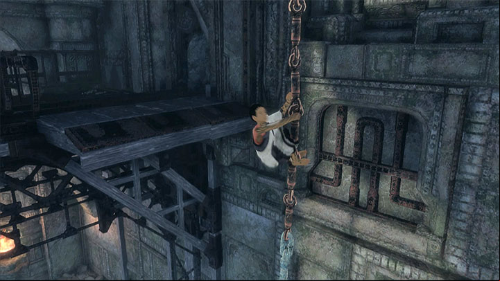 If you gained sufficient momentum, the chain will move close enough to the ledge with the stained glass pane - Solve the chain puzzle in the chamber with suits of armor | Walkthrough - Walkthrough - The Last Guardian Game Guide