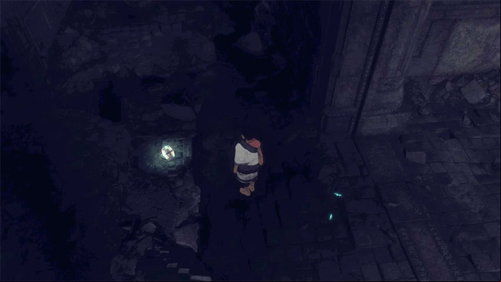 The barrel is in the unlit part of the ruins - Feed Trico and cross the dark tunnel | Walkthrough - Walkthrough - The Last Guardian Game Guide
