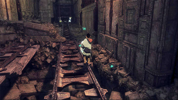 Walk over the damaged tracks - Feed Trico and cross the dark tunnel | Walkthrough - Walkthrough - The Last Guardian Game Guide