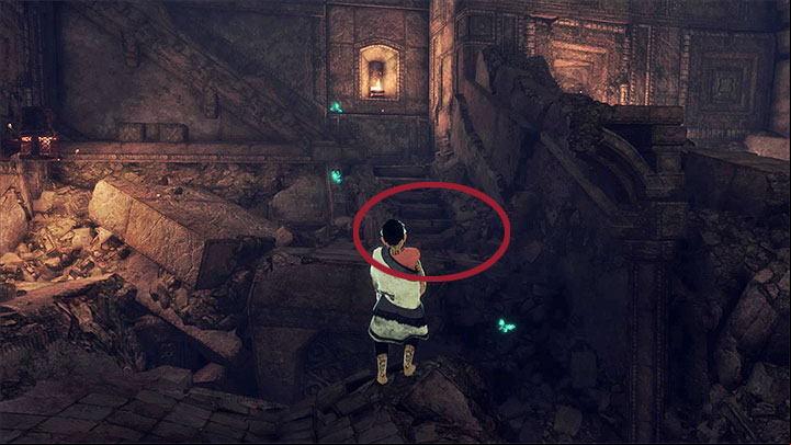 Pick up the barrel, turn right and throw it at the ledge shown in screenshot 1 - Free yourself after the fall and bring Trico a barrel | Walkthrough - Walkthrough - The Last Guardian Game Guide
