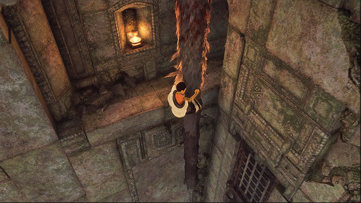Descend using Tricos tail, and jump on the ledge nearby. - Eliminate enemies with shields | Walkthrough - Walkthrough - The Last Guardian Game Guide