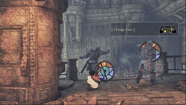 Here you need to chargé at your enemies - Eliminate enemies with shields | Walkthrough - Walkthrough - The Last Guardian Game Guide