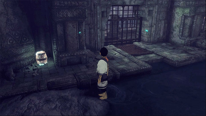 There is a barrel in the first corridor - Explore the cave behind the waterfall | Walkthrough - Walkthrough - The Last Guardian Game Guide