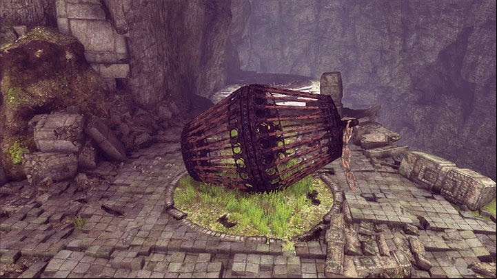 What you will have to do now is roll over the cage with the boy inside to the spot where you have been using the lift for the first time (you have been into that location right after the boy and Trico got separated) and you have to rely on Tricos help here - Roll over the cage and leave the ruins with Trico | Walkthrough - Walkthrough - The Last Guardian Game Guide