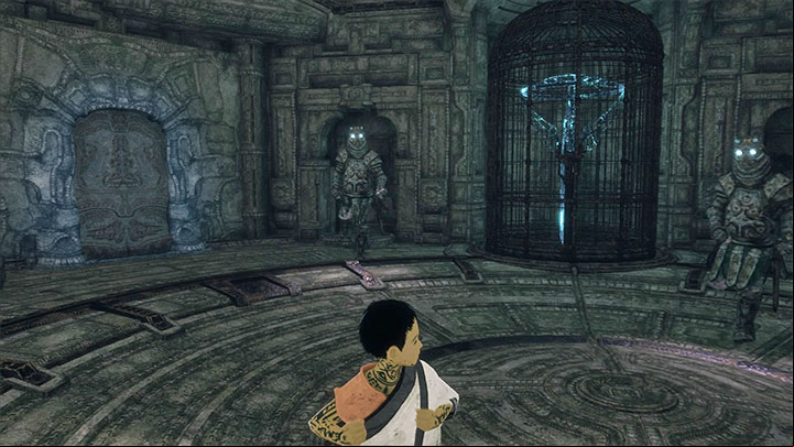 After you jump into the chamber with the cage, new opponents will appear - Roll over the cage and leave the ruins with Trico | Walkthrough - Walkthrough - The Last Guardian Game Guide